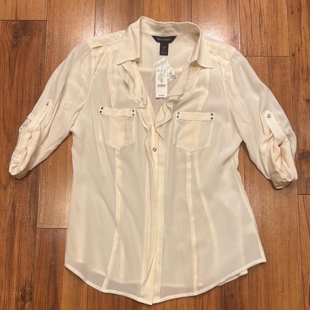 White House Black Market Cream Relaxed Silk Blouse with Semi-Ruffled Collar
